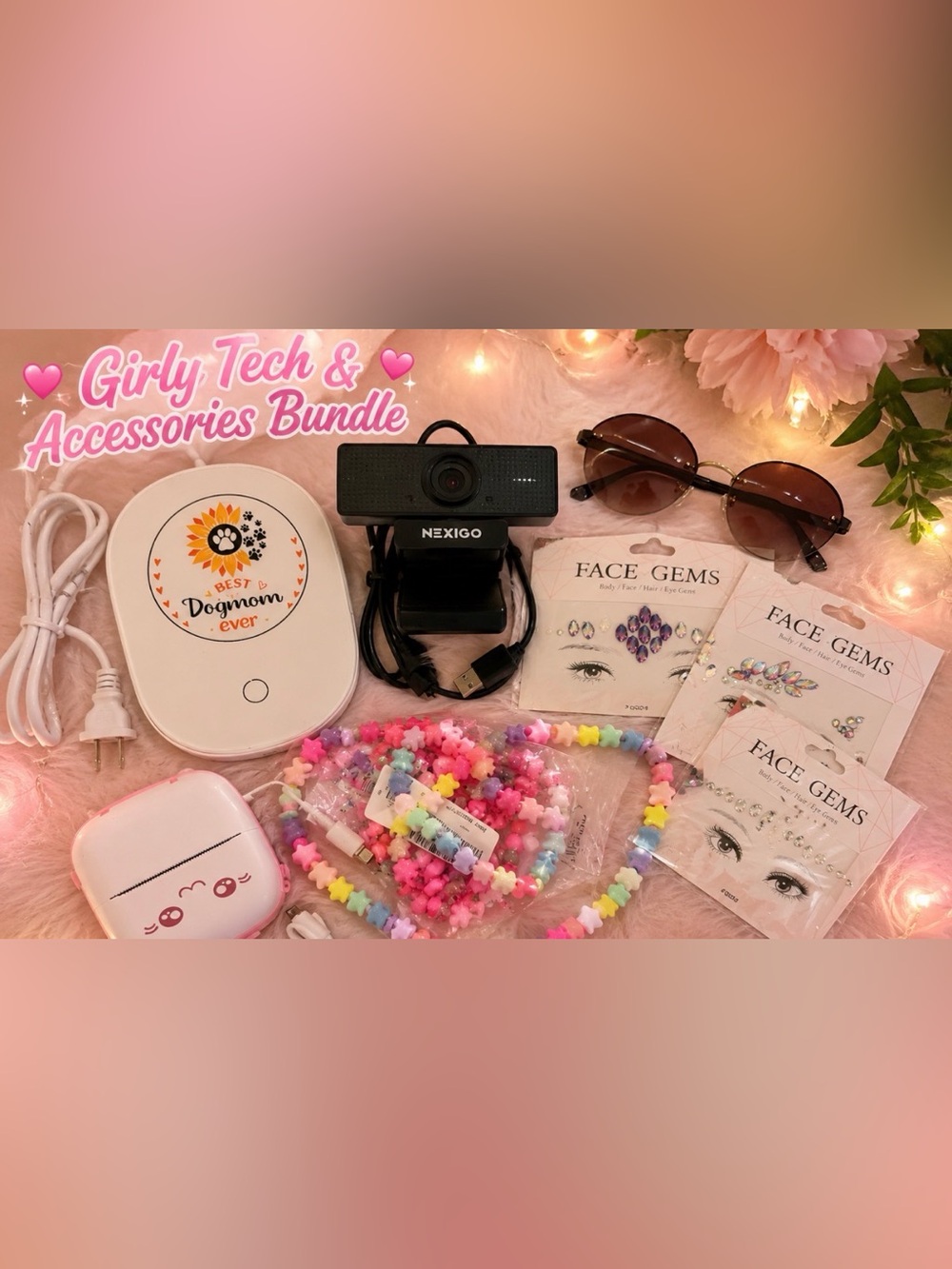 Girly Tech & Accessories Bundle with NexiGo Webcam - Beaded Charger Bundle